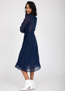 Navy Blue Sheer Midi Wrap Dress With ...
