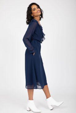 Navy Blue Sheer Midi Wrap Dress With Long Sleeves