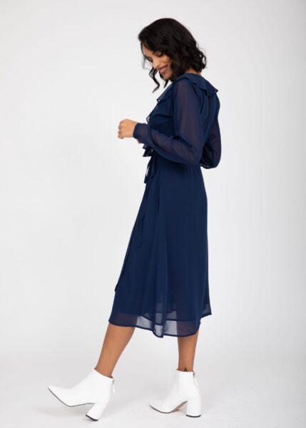 Navy Blue Sheer Midi Wrap Dress With Long Sleeves