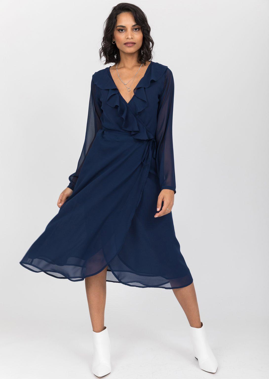 Navy Blue Sheer Midi Wrap Dress With Long Sleeves – likemary