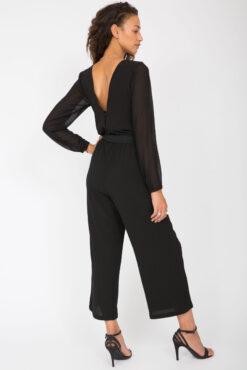Open Back Sheer Sleeves Culotte Jumpsuit Black