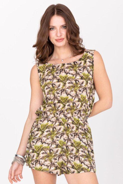 Open Back Summer Playsuit in Green Palm Trees Print