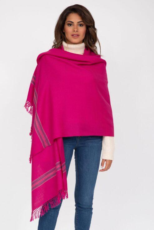 Oversize Blanket Scarf in Merino Wool Mansi Fuchsia Pink 75 X 200cm