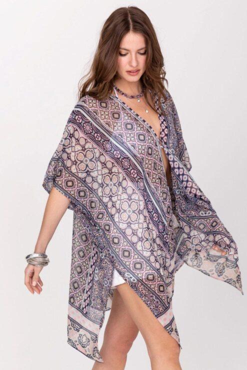 Satin Kimono Cover Up with Belt in Red Birds of Paradise Print