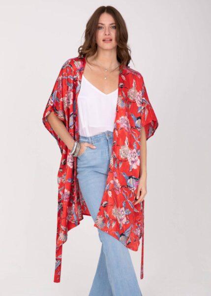 Satin Kimono Cover Up with Belt in Red Birds of Paradise Print