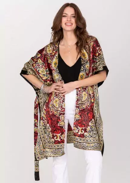 Satin Kimono Cover Up with Belt in Red Birds of Paradise Print