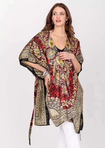 Satin Kimono Cover Up with Belt in Red Birds of Paradise Print