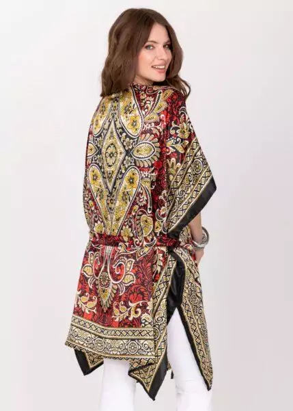 Satin Kimono Cover Up with Belt in Red Birds of Paradise Print