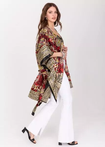 Satin Kimono Cover Up with Belt in Red & Gold Print