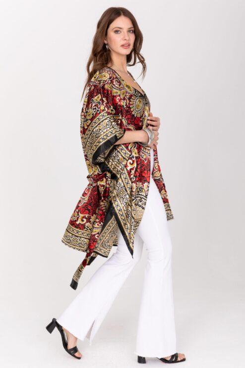 Satin Kimono Cover Up with Belt in Red & Gold Print
