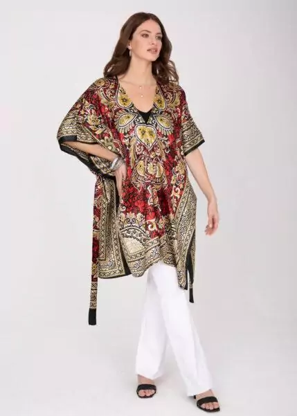 Satin Kimono Cover Up with Belt in Red & Gold Print