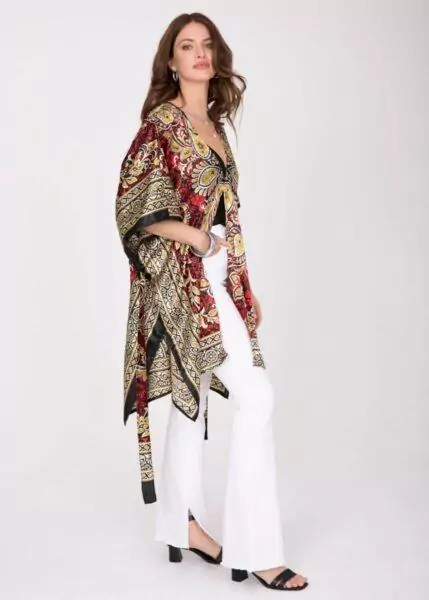 Satin Kimono Cover Up with Belt in Red & Gold Print