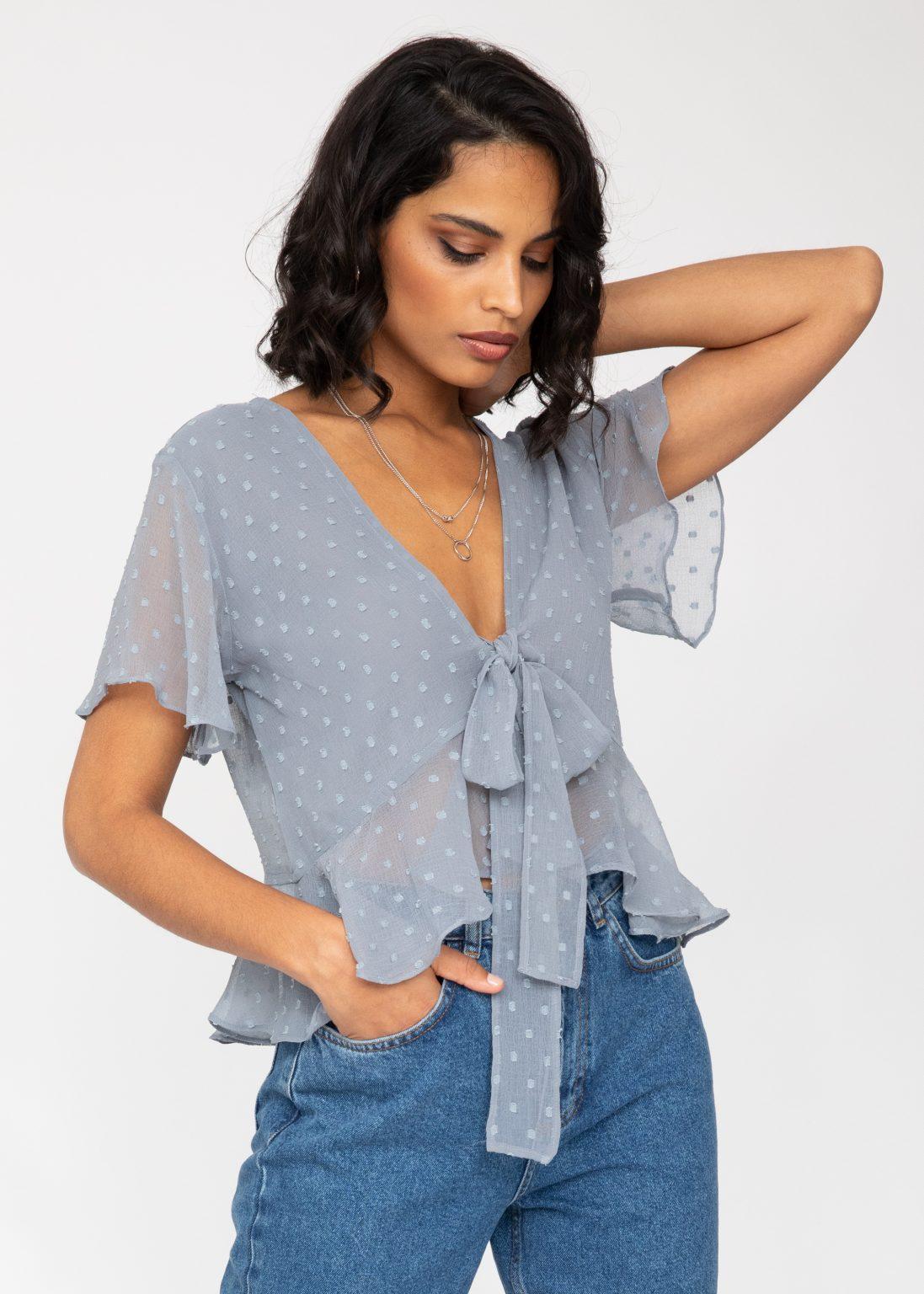 Short Butterfly Sleeve Top In Calm Grey Dots – likemary