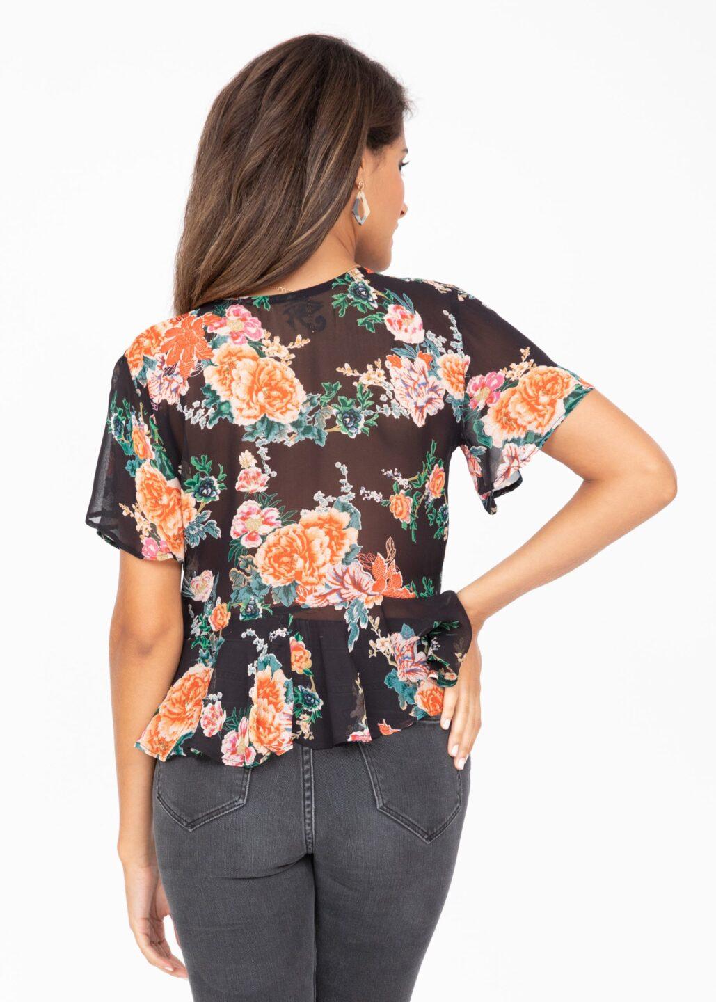 Short Butterfly Sleeve Top In Floral Print Likemary