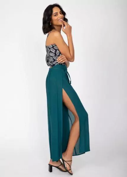 Side Split Wide Leg Relaxed Trousers in Teal