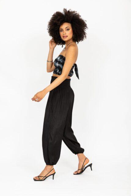 Silk Look Convertible Harem Trouser and Capri Jumpsuit Black