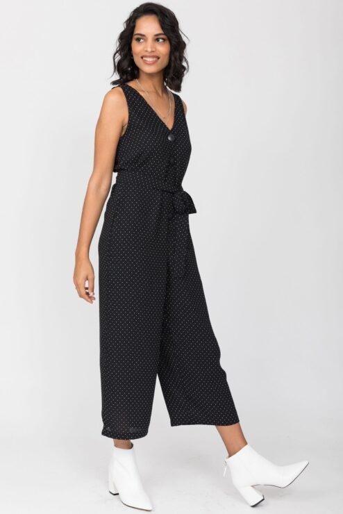 Sleeveless Jumpsuit Cropped Relaxed Romper Black Polka Dots