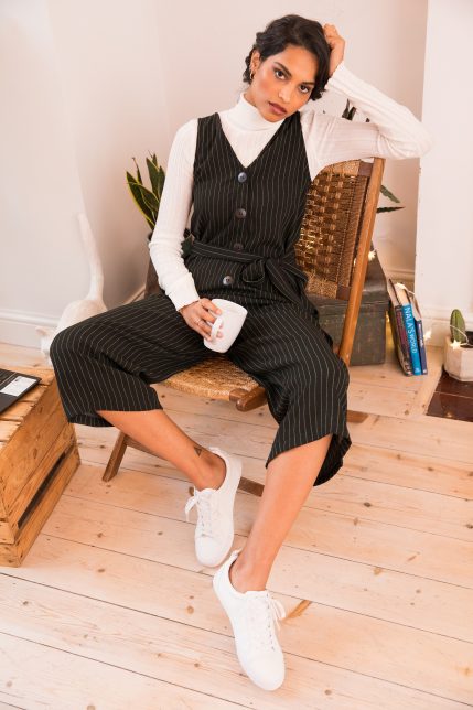 Sleeveless Jumpsuit Cropped Relaxed Romper Black with Green Pin Stripes