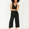 Sleeveless Jumpsuit Cropped Relaxed Romper Black with Green Pin Stripes