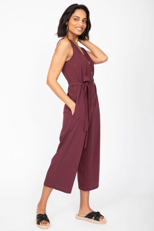 Sleeveless Jumpsuit Cropped Relaxed Romper Burgundy Red