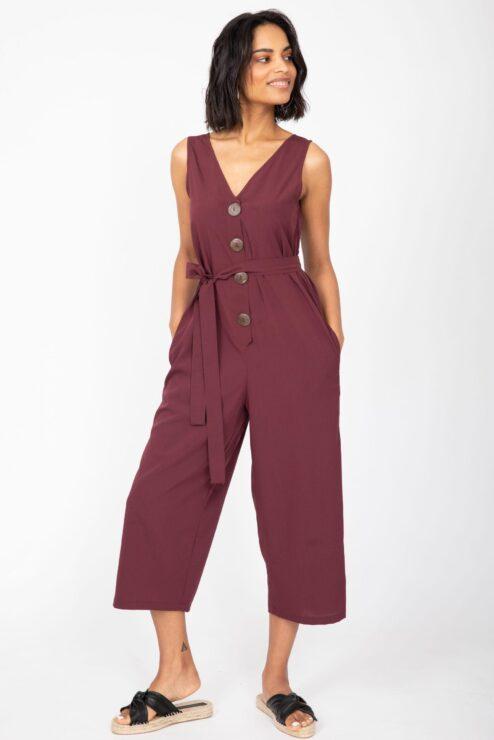 Sleeveless Jumpsuit Cropped Relaxed Romper Burgundy Red