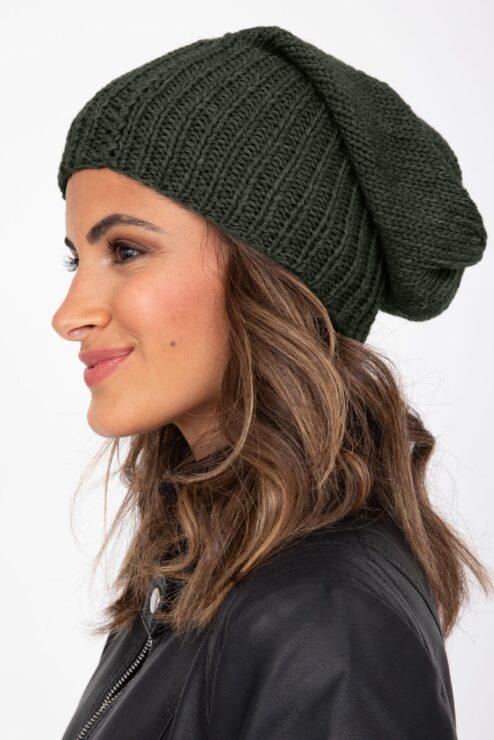 Slouch Beanie Hat Merino Wool Camo Green