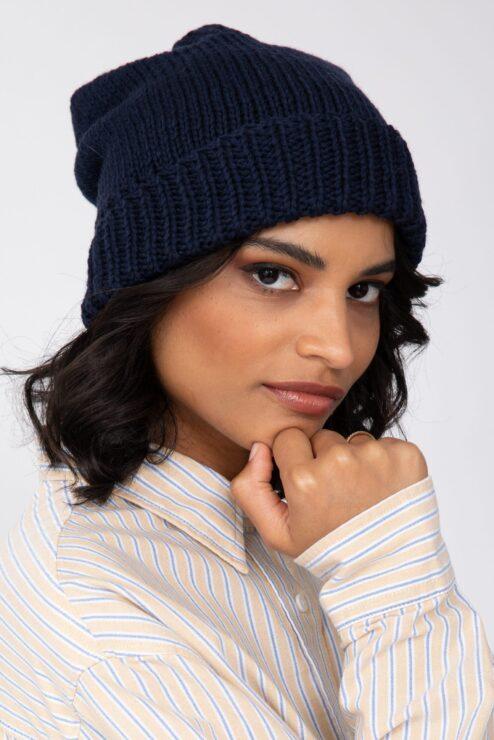 Slouch Beanie Hat Merino Wool Navy Blue