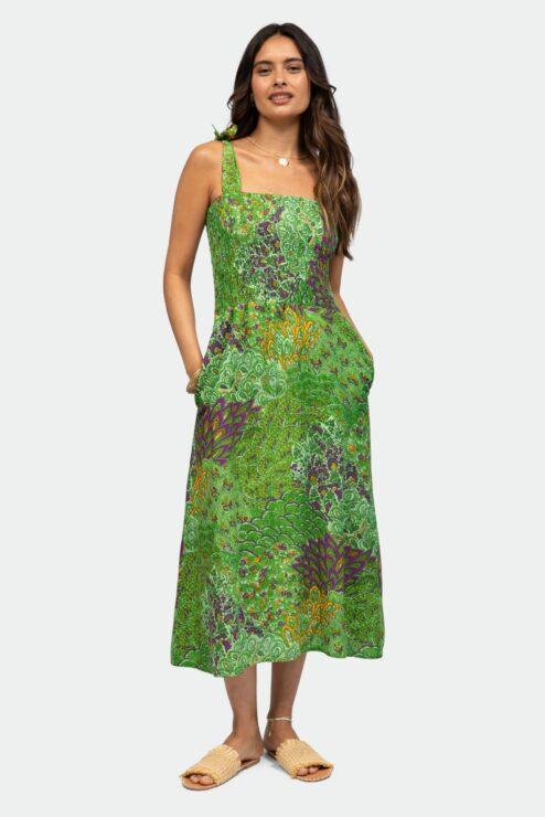 Strapless Midi Dress in Green Peacock Print