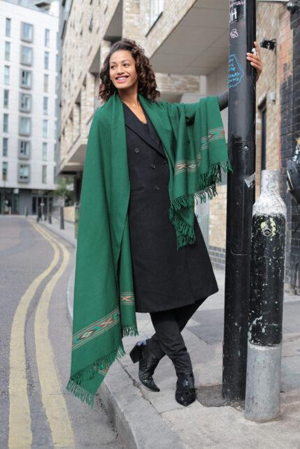 Takhi Merino Handwoven Shawl & Oversize Scarf Blanket Green