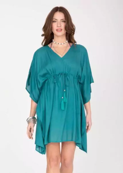 Tassel Tie Beach Kaftan in Turquoise Blue