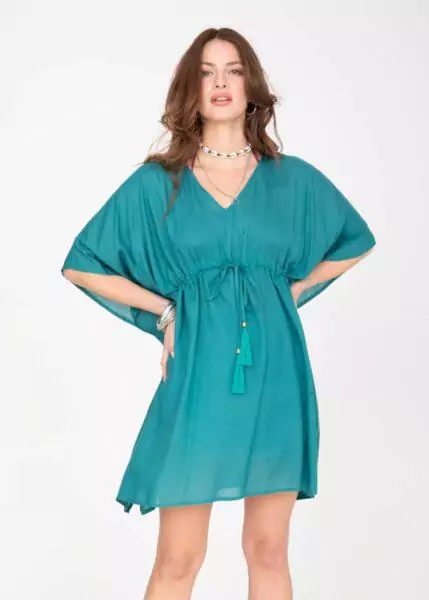 Tassel Tie Beach Kaftan in Turquoise Blue