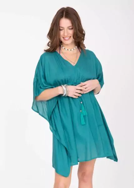 Tassel Tie Beach Kaftan in Turquoise Blue