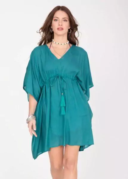 Tassel Tie Beach Kaftan in Turquoise Blue