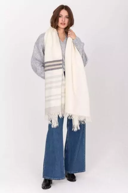 Ethically Handwoven Merino Wool Blanket Shawl in Cream with Stripes - Image 4