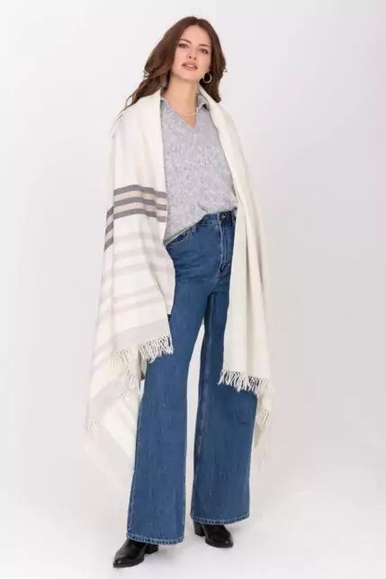 Ethically Handwoven Merino Wool Blanket Shawl in Cream with Stripes - Image 8