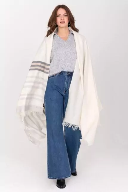 Ethically Handwoven Merino Wool Blanket Shawl in Cream with Stripes - Image 7