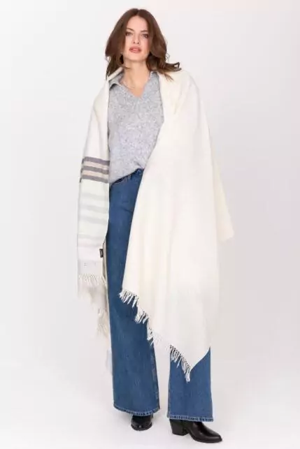 Ethically Handwoven Merino Wool Blanket Shawl in Cream with Stripes - Image 5