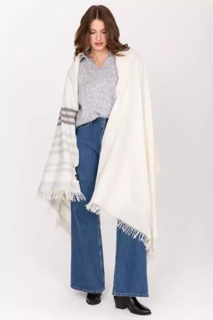 Ethically Handwoven Merino Wool Blanket Shawl in Cream with Stripes - Image 6