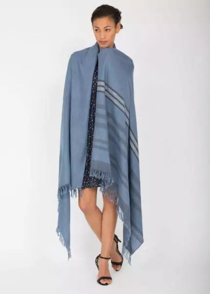 Twill Handwoven Merino Shawl and Oversize Scarf with Stripes 100 X 200cm Jeans Blue