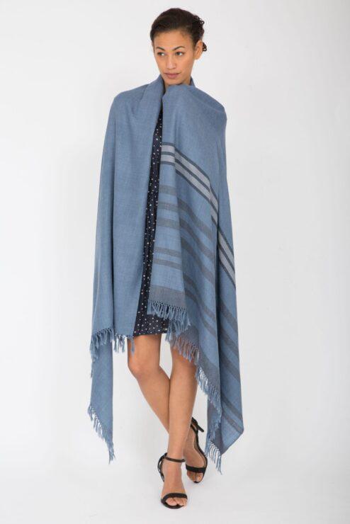 Twill Handwoven Merino Shawl and Oversize Scarf with Stripes 100 X 200cm Jeans Blue