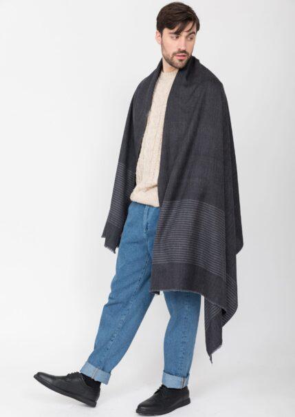 Twill Merino Handwoven Oversize Scarf Charcoal with Stripes Charcoal