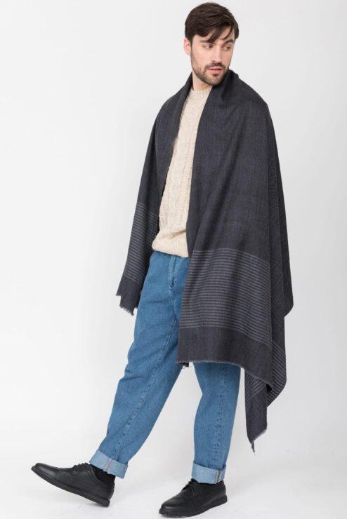 Twill Merino Handwoven Oversize Scarf Charcoal with Stripes Charcoal