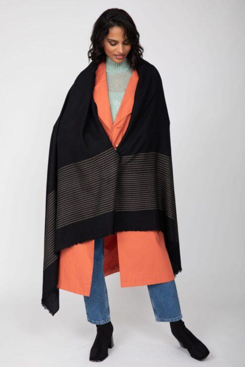 Twill Merino Handwoven Pashmina & Blanket Scarf with Stripes Black