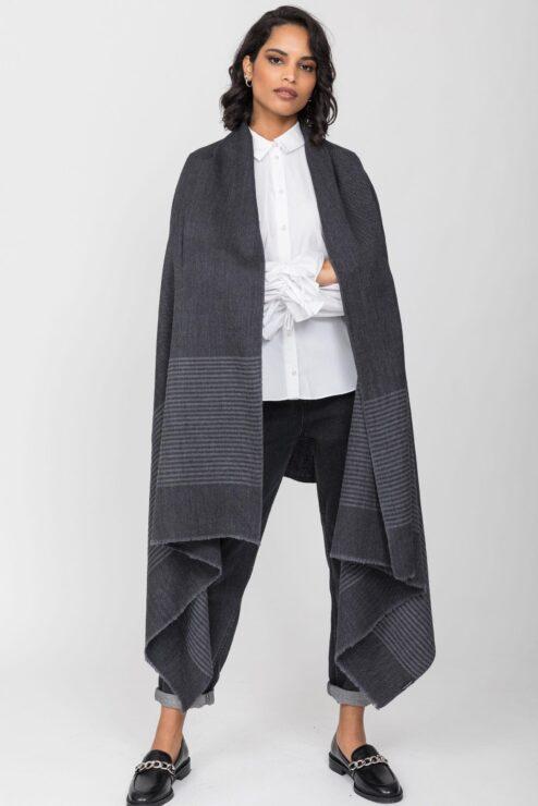 Twill Merino Handwoven Pashmina & Blanket Scarf with Stripes Charcoal