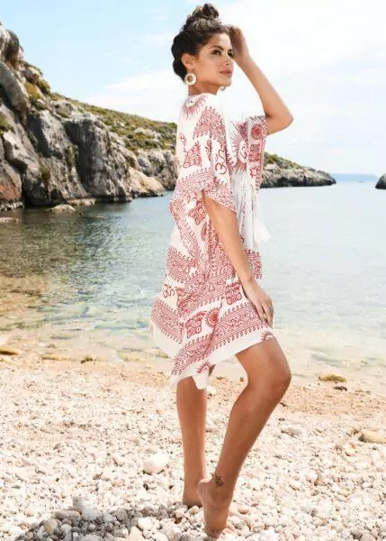 Beach Cover Up Kaftan in Ohm Print White